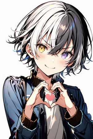 solo, looking at viewer, blush, short hair, bangs, simple background, shirt, black hair, long sleeves, 1boy, white background, hair between eyes, closed mouth, jacket, yellow eyes, white shirt, upper body, white hair, male focus, heart, multicolored hair, open clothes, open jacket, v-shaped eyebrows, grey eyes, heterochromia, blue jacket, heart hands,smile