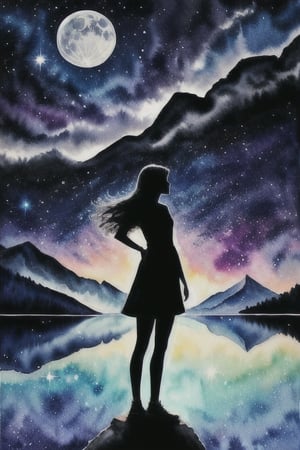 Envision a silhouette of a confident and determined girl, standing tall amidst a mesmerizing landscape of blue  dreamlike colors. Utilize watercolor effects to add a touch of magic and enchantment, symbolizing the power of imagination.glitter ,moon shine ,on lake