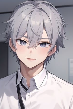 solo, looking at viewer, smile, 1boy, hair between eyes, , annoying, gray eyes, gray hair, male focus, wear white shirt , white pants, portrait,manga