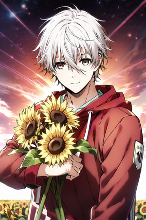 Nagi,white hair,brown eyes,hair between eyes,smile ,hold sun flower,wear red hoodie ,white pant,upper body 