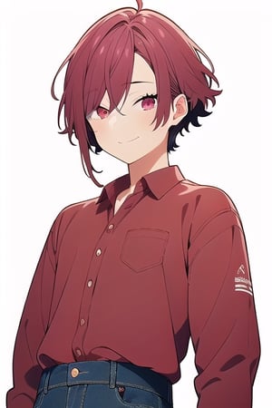 ((best quality)), ((masterpiece)), ((ultra-detailed)), extremely detailed CG, (illustration), ((detailed light)), (an extremely delicate and beautiful), a boy, solo, ((upper body,)), handsome,akane_yanagi,wear red shirt and jeans ,smile,look at the viewer , white background 
