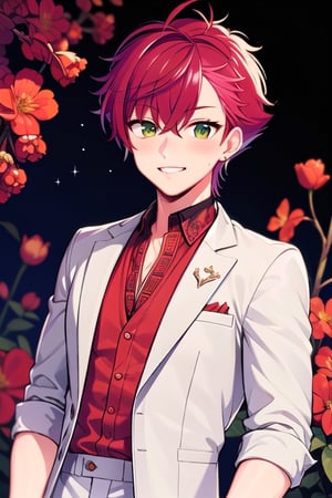((best quality)), ((masterpiece)), ((ultra-detailed)), extremely detailed CG, (illustration), ((detailed light)), (an extremely delicate and beautiful), a boy, solo, ((upper body,)), handsome,wear red shirt and white pants ,smile  ,look at the viewer , black background with stars,1boy,hold red flowers,Akira_Otori