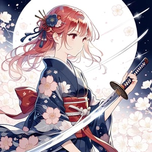 Illustration of a girl holding a Japanese sword in Japanese anime style.
The girl is carrying a Japanese sword on her shoulder.
The girl is wearing a beautiful white and navy blue kimono.
She has long red hair and a flower hair ornament.
The girl has beautiful pink eyes.
The blade of the sword is shining silver.shine 
Her kimono is decorated with a flower pattern.
This is a super detailed illustration!
masterpiece, top quality, aesthetic,Samurai_Girl