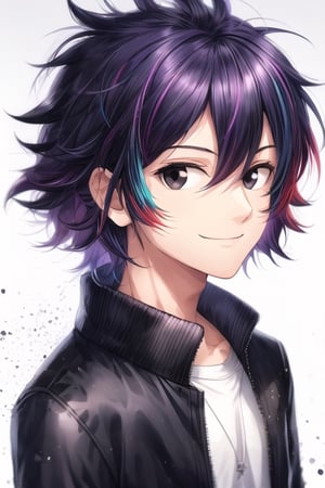 solo, looking at viewer, messy hair, simple background,black eyes, 1girl, closed mouth, smile,purple hair, jacket, male focus, multicolored hair, white background, portrait,,ClrSkt,Chromaspots