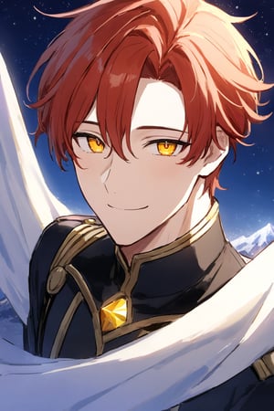 A breathtaking winter wonderland scene: a dashing young man with short red hair and piercing Orange eyes, like gemstones aglow under the star-studded sky. He stands tall, beaming with pride and confidence, his warm smile drawing the viewer in as he gazes directly into their soul. His bright yellow irises shimmer like snowflakes on the surrounding mountains, exuding a sense of kindness, love, and protection. The atmosphere is cozy and inviting, as if he's sharing a moment of serene bliss with you under the starry night sky.close focus,asakuranemu,majin_hornet