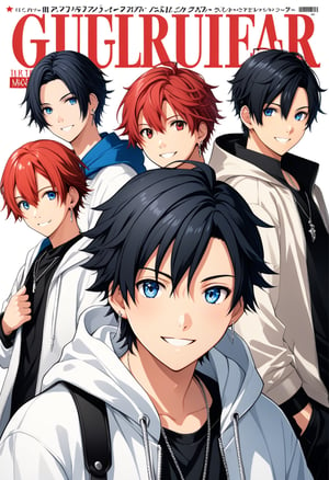 3boy, looking at viewer, smile, short red hair, group, black hair, male focus, multicolored hair, earrings, virtual youtuber, hood, collar, blue eyes, white hoodie, piercing, hood up,haruka,magazine cover  