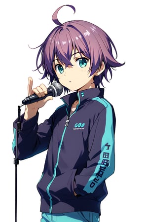 solo, looking at viewer, simple background, aqua eyes, 1boy, white background, ahoge, purple hair, male focus, ,cool, hold microphone,he is stand,