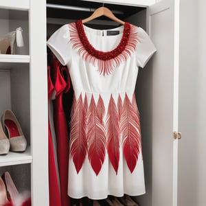 white party dress with glitter and short sleeve with alot of red feathers on it ,the dress hanging in closet