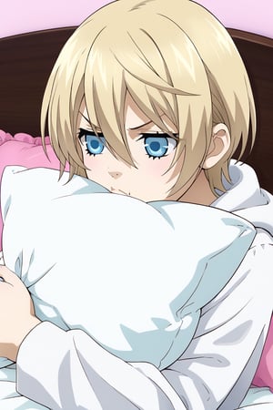 ,hair between eyes,pout -×- ,hold pillow,wear white hoodie ,white pant,upper body ,sit on bed,alois trancy,blonde hair,blue eyes