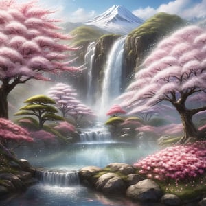 A waterfall descends from a snowy mountain, pouring into a small lake, surrounded by flowers and sakura trees 