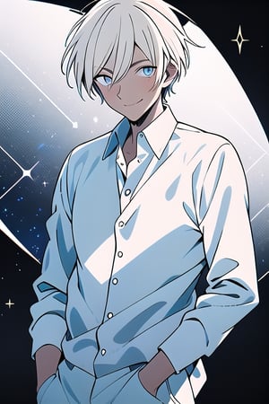 ((best quality)), ((masterpiece)), ((ultra-detailed)), extremely detailed CG, (illustration), ((detailed light)), (an extremely delicate and beautiful), a boy, solo, ((upper body,)), handsome,wear white shirt and white pants ,smile  ,look at the viewer , black background with stars,1boy