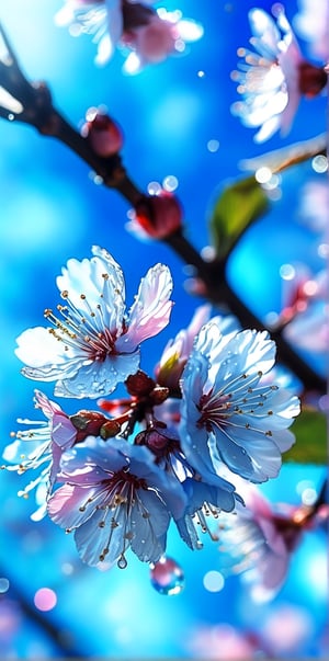 crystal blue cherry blossom, fantasy, blue sky, transparent, shimmering, sparkling, splendid, colorful, magical photography, dramatic lighting, photo realism,blue glitter, ultra-detailed, 4k, Depth of field, High-resolution,close focus 
