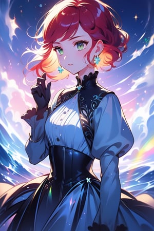 1girl, solo, short hair, green eyes,wave hair,  gray dress, long sleeve ,An ornate assortment covering in dress collar ، red hair, gloves, jewelry, earrings, hold blue flower ,cool look,Beautiful,rainbowhair