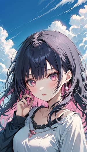 1girl, solo, long hair, looking at viewer, blush, bangs, pink eyes, dark blue hair, long sleeves, hair between eyes, jewelry, collarbone, upper body, earrings, parted lips, sky, cloud, hand up, wide longsleeve,cool look