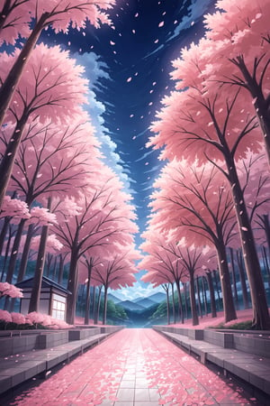 Cherry blossom petals, shining in the sky, cold night in spring, breathtaking sight, no one, no people, sakura trees