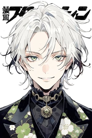 boy with 
Japanese animation style.
Black revolver. The muzzle is facing you.
Beautiful eyes.
Very detailed and quality illustration.
Simple background. White background.
,white  hair ,green eyes 
upper body,black suite 
masterpiece, top quality, aesthetic, smile, ,tensura_style
