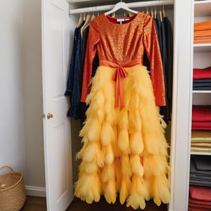 long yellow party dress with glitter and long sleeve with alot of orange and red feathers on it ,the dress hanging in closet