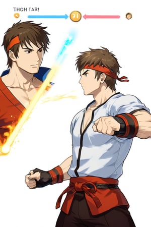 solo, brown hair, 1boy, male focus, muscular, headband, gameplay mechanics, dougi, screenshot, health bar, martial arts belt, ryu \(street fighter\)، white background 