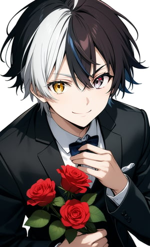 solo, looking at viewer, smile, simple background, shirt, red eyes, long sleeves, 1boy, white background, bow, holding, hair between eyes, jacket, white shirt, upper body, flower, ahoge, male focus, one eye closed, vest, red bow, rose, transparent background, formal, suit, hand on own chest, red flower, blue rose, holding flower, split-color hair,sakura haruka, white hair, black hair, split-color eyebrow, heterochromia, yellow eyes, grey eyes, two-tone hair