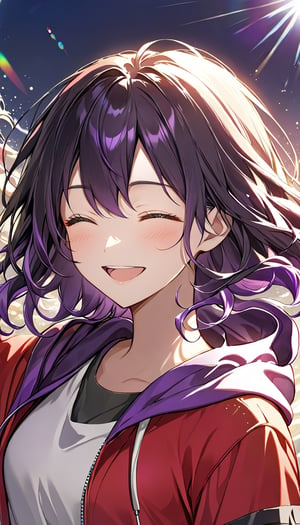 smile, wave hair, open mouth, shirt, long sleeves, 1girl, holding, red jacket, closed eyes, upper body, black hair, purple hair, :d, female focus, hood, hoodie, hood down, lens flare