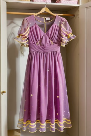 Short purple dress with short transparent sleeves, white and yellow wavy lines in the dress ,small pink stars,hanging in closet