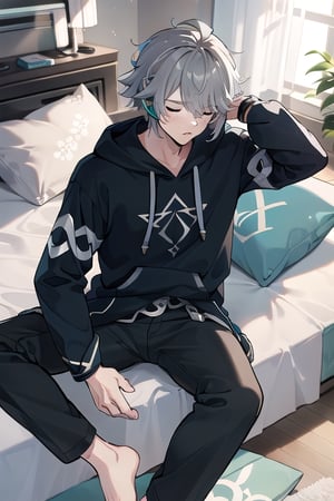 sleep ,while he sit on bed ,gray hair,wear hoodie and pant,alhaitham(genshin impact)