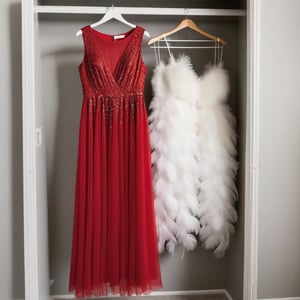 long red party dress with glitter and no sleeve with alot of white feathers on it ,the dress hanging in closet