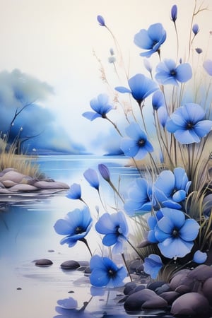 Create a high-resolution image of a tranquil riverbank featuring vibrant blue flowers. Use watercolor techniques to capture the delicate petals and their vivid contrast against the reflective water. The artwork should showcase the flowing movement of the river and the subtle variations in the flowers’ shades, blending high-definition clarity with the soft, ethereal quality of watercolor.,Ink art style