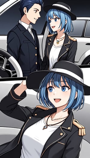 1girl, long hair, smile, short hair, open mouth, bangs, blue hair, shirt, 1boy, hat, brown eyes, jewelry, closed mouth, blue eyes, jacket, white shirt, necklace, looking at another, black jacket, ground vehicle, motor vehicle