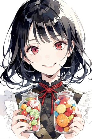 Girl with 
Japanese animation style.
Black revolver. The muzzle is facing you.
Beautiful eyes.
Very detailed and quality illustration.
Simple background. White background.
skirt,long black hair, dark red eyes 
upper body, 
masterpiece, top quality, aesthetic, smile,girl ,tensura_style,hold candy jar