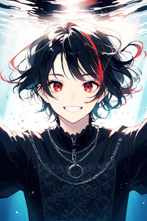 solo, looking at viewer, short missy hair, black shirt, 1boy,cool look , male focus, black hair, multicolored hair,, grin, chain,, portrait,red eyes ,underwater,close mouth,male focus,annoying  