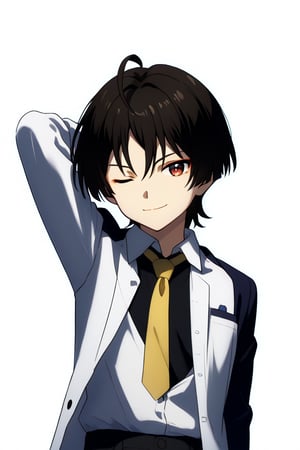 solo, looking at viewer, smile, short hair, bangs, simple background, shirt, black hair, long sleeves, 1boy, white background, bow, hair between eyes, closed mouth,red eyes, jacket, white shirt, upper body, ahoge, male focus, one eye closed, open clothes, collared shirt, pants, open jacket, black jacket, dress shirt, yellow tie, formal, suit, arm behind head, ;\), blue bowtie