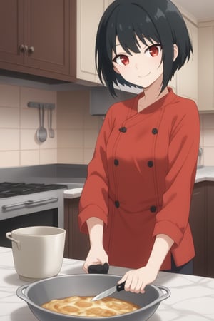 short hair,hold knife ,smile, in kitchen,YorForger,red eyes,black hair