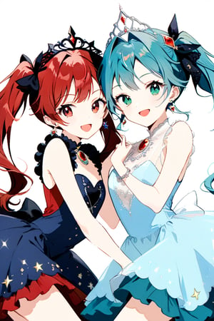 long hair, looking at viewer, smile, open mouth, multiple girls, red eyes, dress, 2girls, twintails, jewelry, green eyes, blue hair, red hair, :d, red hair, earrings, blue dress, drill hair, magical girl, tiara, brooch, red dress, twin drills, screenshot,cute