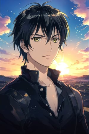 solo, black hair, yellow eyes,1boy, upper body, male focus, sky, cloud, parody, cool, sunset, anime coloring