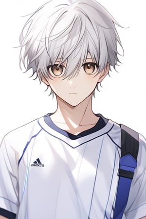 solo, looking at viewer, short hair, bangs, simple background, shirt, 1boy, white background, holding, hair between eyes, brown eyes, closed mouth, white shirt, upper body, white hair, short sleeves, male focus, sportswear, bags under eyes,Joo Jae-kyung,seishirou nagi,nagi_seishirou