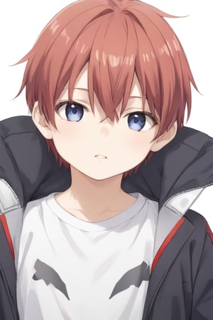 solo, looking at viewer, short hair, blue eyes, simple background, shirt, 1boy, white background, hair between eyes, jacket, white shirt, upper body, red hair, male focus, parted lips, hood, hood down