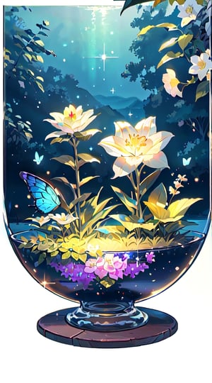 (masterpiece), (best quality), (ultra-detailed), (masterpiece), (best quality), (ultra-detailed), 4K resolution, High resolution, professionall quality, detailed picture, perfectly drawn objects,more prism, vibrant color,no people,wisteria,Jinsha,Transparent stardust,star,crystal garden,crystal flower,crystal city,crystal sea,crystal cave,lake,crystal shape, crystal thorn, crystal vine, glass thorn, glass Vine, Crystal Bush, Glass Bush,crystal lily,glass crystal,Butterfly,juice glass,diamond,flower on glass,no word,summer,blue with gold shine,flowers in background shine 