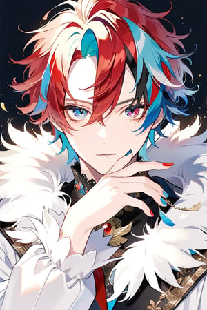 solo, looking at viewer, red hair, blue eyes, long sleeves, 1boy, , upper body,focus, multicolored hair, , virtual youtuber, nail polish, fur trim, heterochromia, feathers, pale skin, fake screenshot