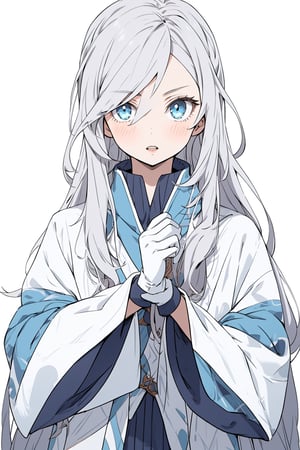 1girl, solo, long hair, looking at viewer, blue eyes, gloves, long sleeves, upper body, grey hair, parted lips, white gloves, wide sleeves,anime,animeniji