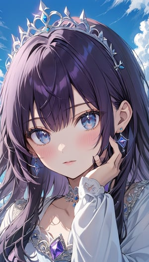 1girl, solo, long hair, looking at viewer, blush, bangs, blue eyes, dark purple hair, long sleeves, hair between eyes, jewelry, collarbone, upper body, earrings, parted lips, sky, cloud, hand up, wide longsleeve, blue sky, tiara, hand on own face