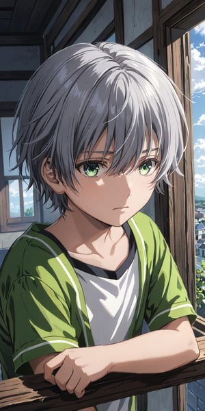 boy, gray hair, green eyes ,sad, Looking out of an open window 