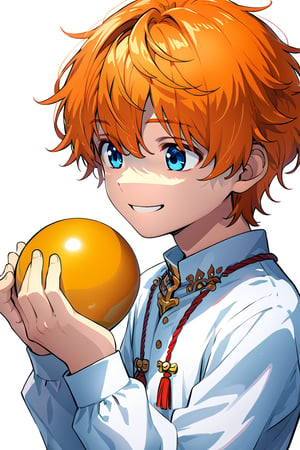 ,upper_body ,smile,male forced ,
Cool boy, solo, smiling, close open,Orange hair, messy short hair ,light grey-ish blue eyes,holding a ball. long sleeve,white shirt, pant, simple background, oval shape behind the background, double exposure scene inside the oval shape, decorated thin frame,anime,fantasy VNS_Add more details,Color,upper body