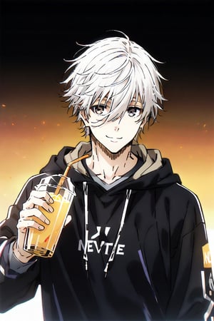 Nagi,white hair,brown eyes,hair between eyes,smile ,hold Orange juice ,wear black hoodie ,cap,white pant,upper body 