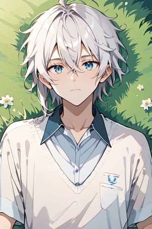 solo, looking at viewer, 1boy, hair between eyes, closed mouth, white hair, male focus, lying, on back, expressionless, grass,upper body 