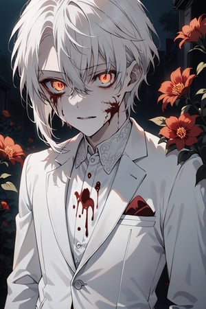 male, Transparent ghost of a 
boy wear wedding white suite ,short light white hair, light Orange eyes,blood on suite ,very pale skin ,at night,hold red flower on face,horror ,movie poster,shock,upper body