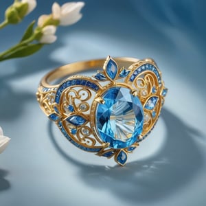 A diamond ring for women on a diamond luxury background, in a Victorian style with hand-painted effect. The ring is shaped with the main stone is set with blue colored gemstones, the butterfly wings are partially enameled with hollow windows,and the colors are a dreamy blue and dimond gradient,MaskGO24K