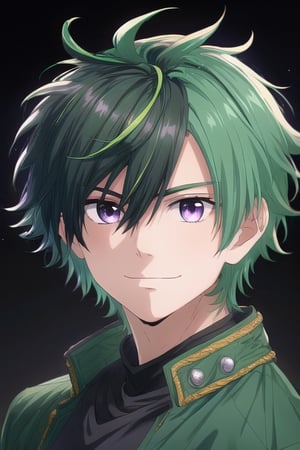 solo, looking at viewer, messy hair, simple background,purple eyes, 1boy, closed mouth, smile,green hair, jacket, male focus, multicolored hair, black background, portrait,haruka 