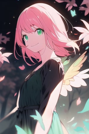 vibrant colors, female, masterpiece, sharp focus, best quality, depth of field, cinematic lighting, ((solo, one woman )), (illustration, 8k CG, (extremely detailed), masterpiece, ultra-detailed, a girl with short pink hair and 
green eyes, wear black dress , smile , amidst a background composed of fantastic elements sakura trees, ,light,firefliesfireflies,detail,green theme,1 girl,sun in sky,atmosphere,effects,color,magazine cover, black background 