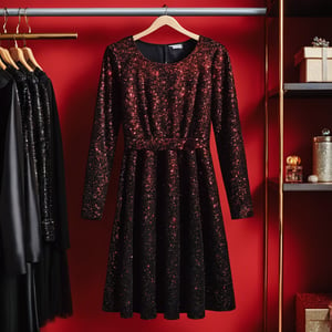 black dress,red glitter ,long sleeve ,hanging in closet